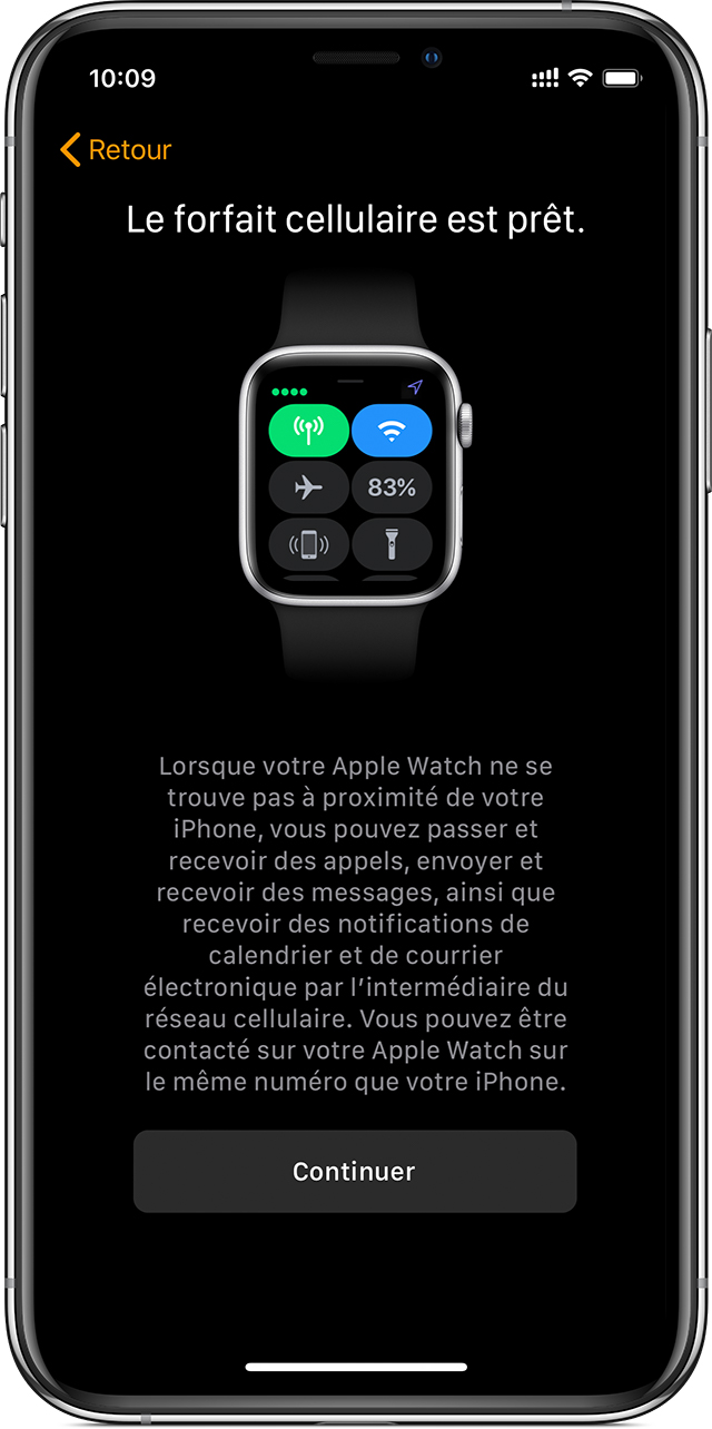 Écran de configuration de la connexion mobile sur un iPhone, indiquant que celle-ci est prête à être utilisée sur votre Apple Watch.