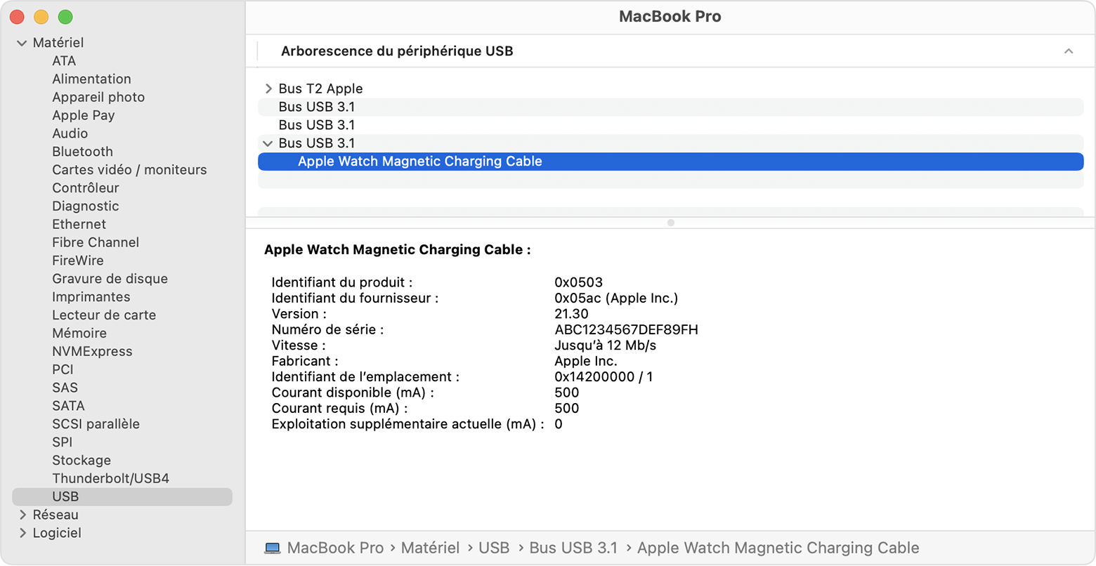 Rapport Système d’un MacBook Pro affichant les informations concernant le fabricant d’un câble de charge magnétique pour Apple Watch