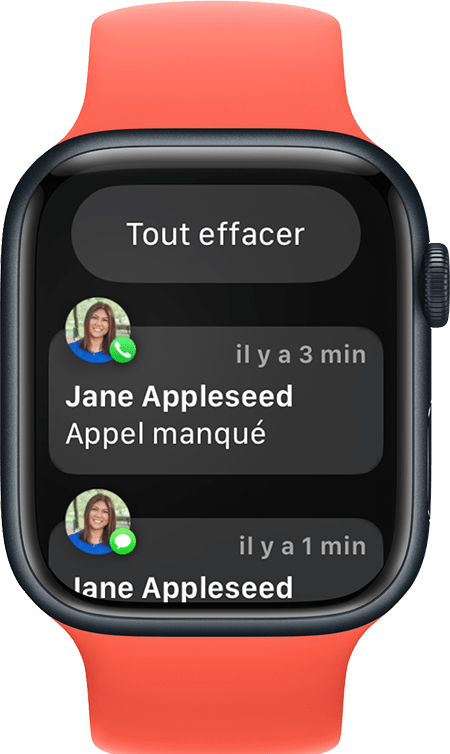 Une Apple Watch affichant le bouton de notifications Tout effacer