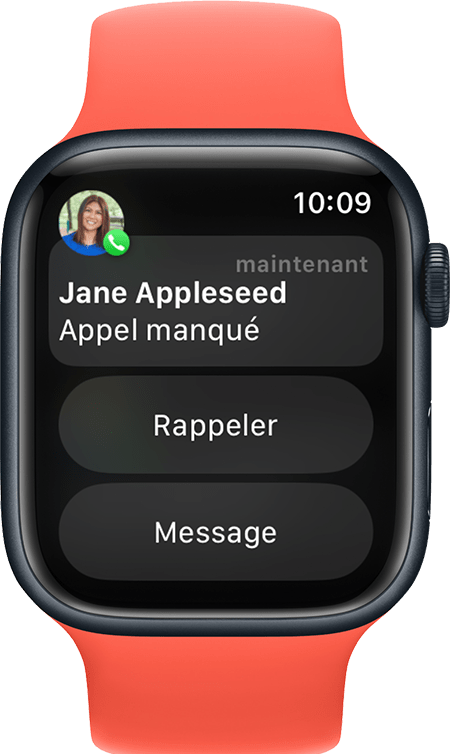 Apple Watch affichant une notification d’appel manqué