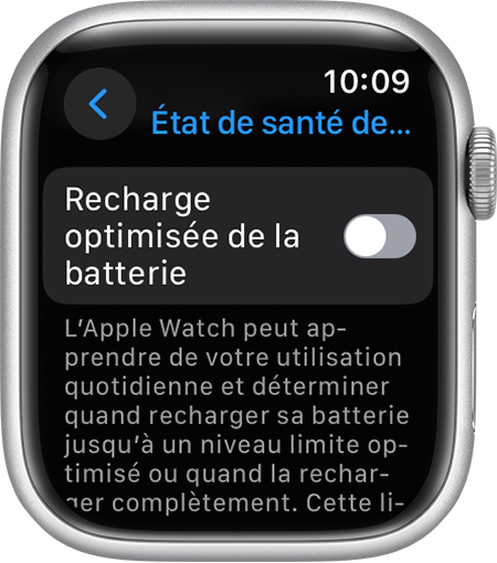 Option Recharge optimisée de la batterie dans l’app Réglages de l’Apple Watch.
