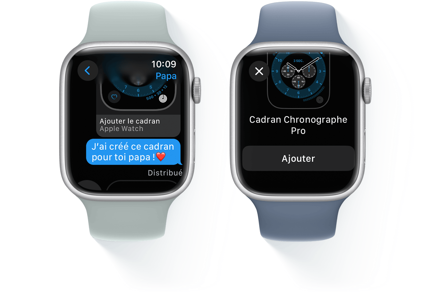 Deux Apple Watch affichant une conversation par SMS et le cadran Chronographe Pro, respectivement