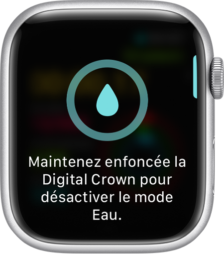 Message de désactivation du mode Eau sur l’écran de l’Apple Watch