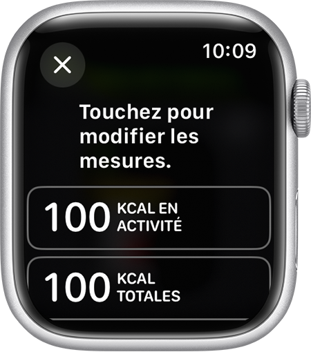 Les mesures pouvant être modifiées pour une Vue de l’exercice sur l’Apple Watch.