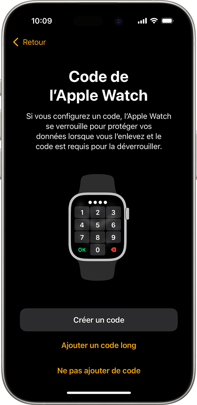 iPhone affichant l’écran de configuration du code d’accès de l’Apple Watch