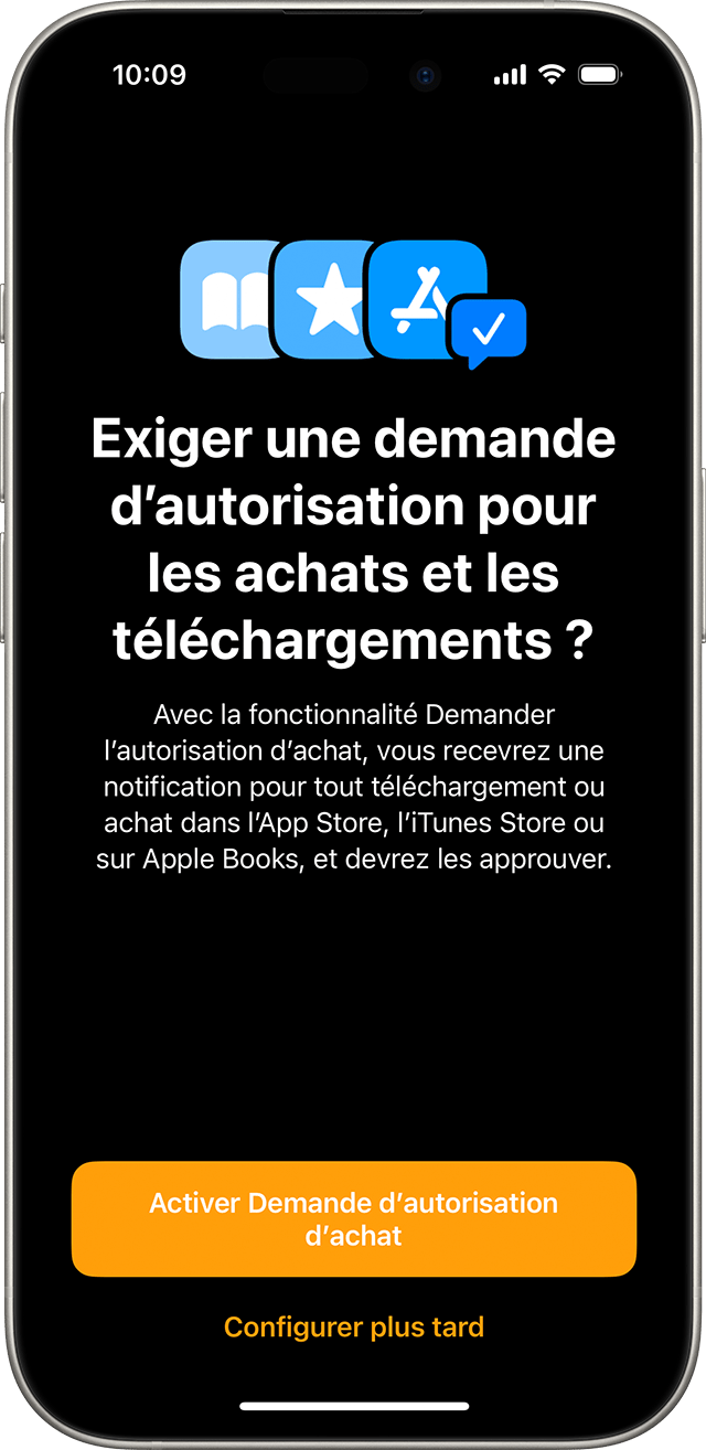 iPhone affichant l’écran sur lequel un utilisateur active la fonction Demander l’autorisation d’achat