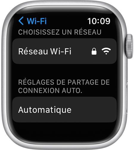 Écran des réglages Wi-Fi de l’Apple Watch affichant l’option Réglages de partage de connexion automatique