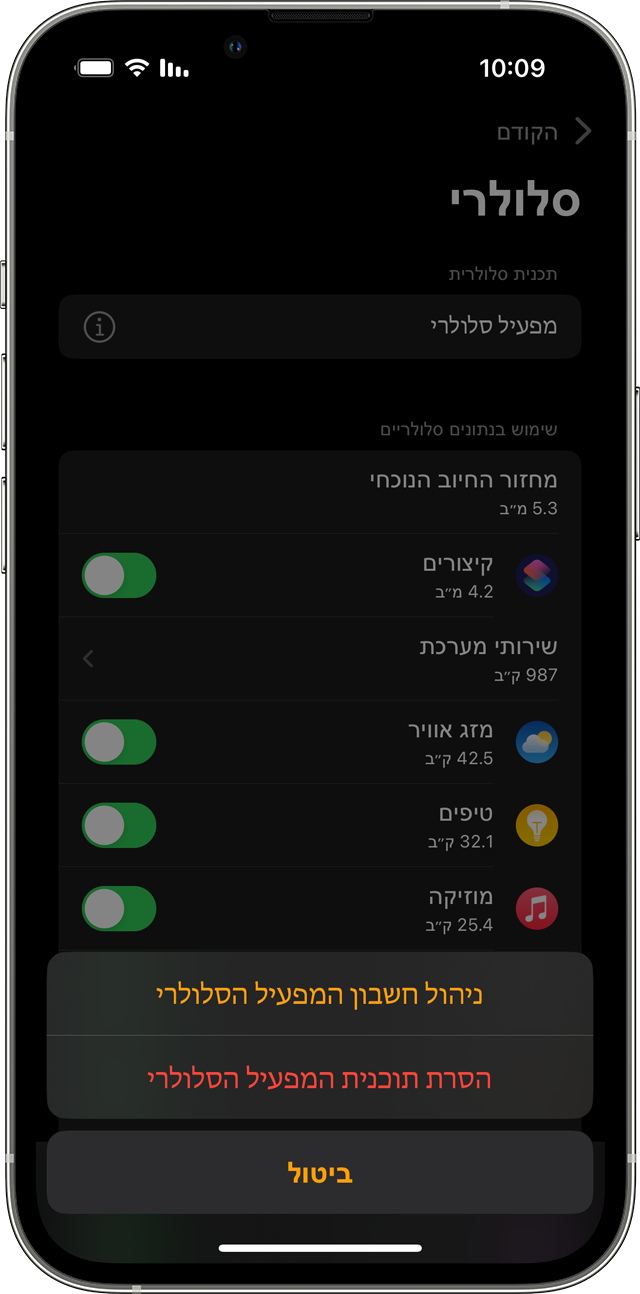 iPhone שבו מוצג המסך 'סלולרי' באפליקציה Watch