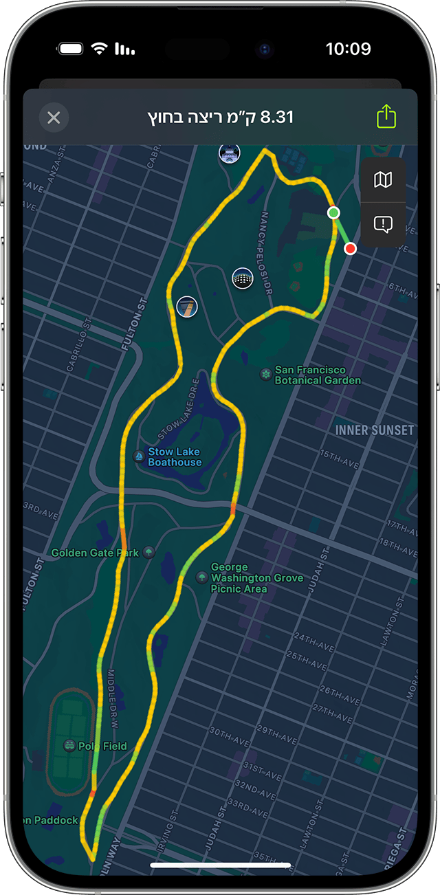 מפה של אימון 'ריצה בחוץ' ב-iPhone.