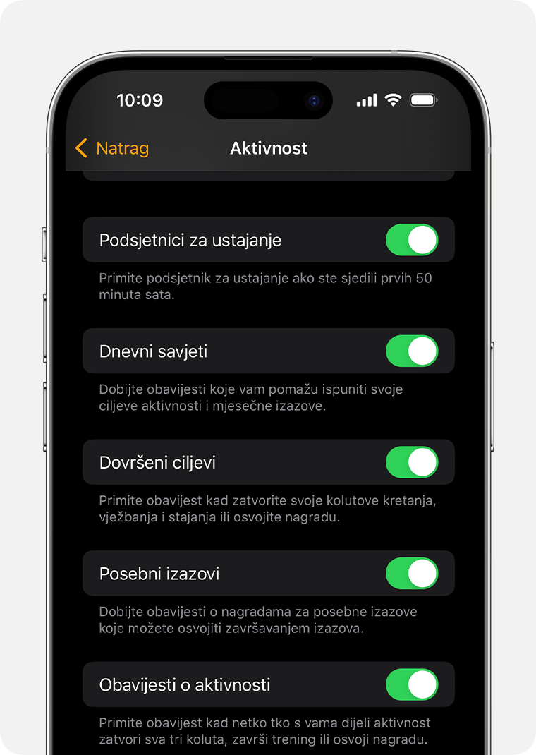 Zaslon iPhone uređaja s opcijama za obavijesti i podsjetnike o Aktivnosti