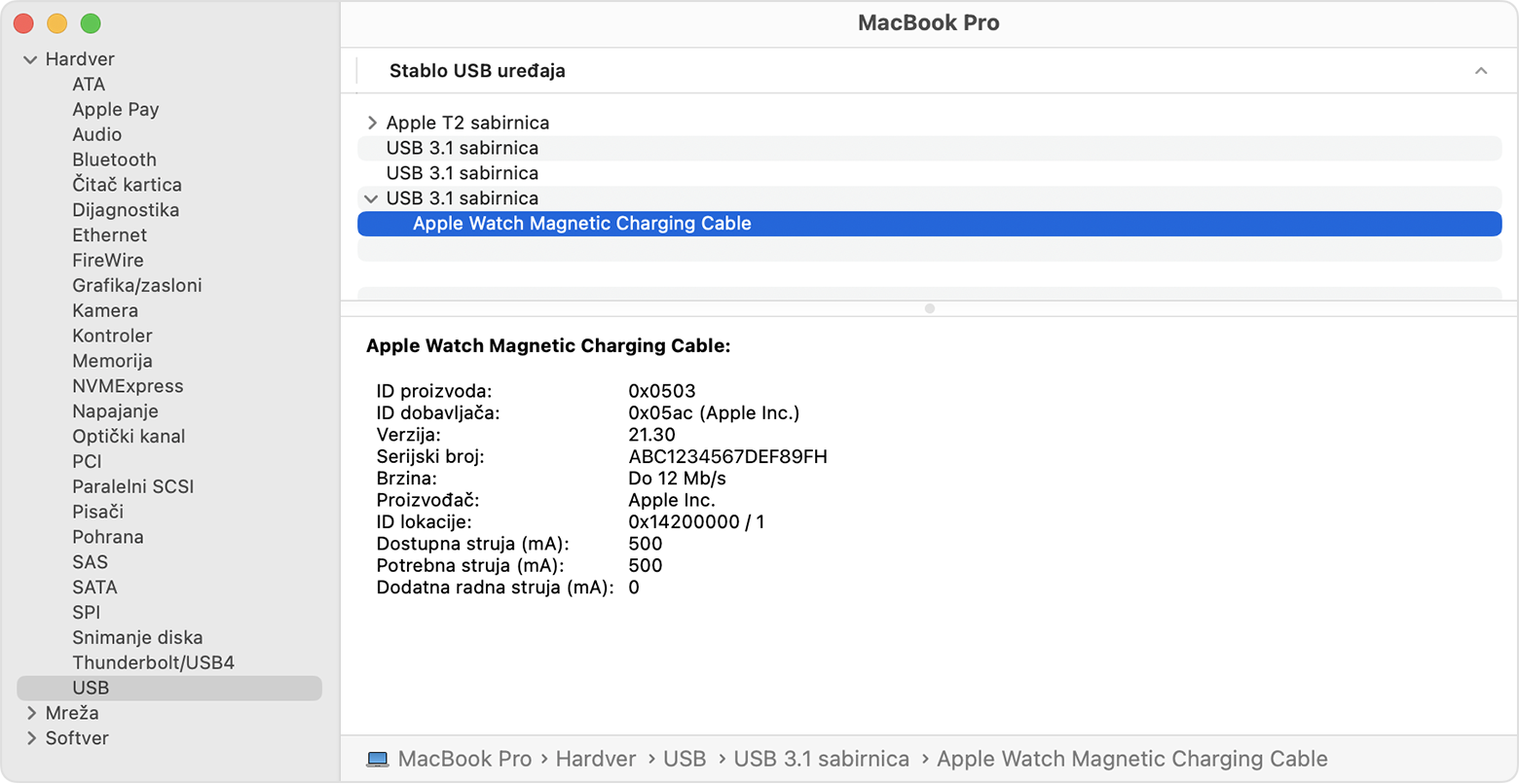 MacBook Pro izvješće o sustavu prikazuje podatke o proizvođaču magnetskog kabela za punjenje Apple Watch uređaja