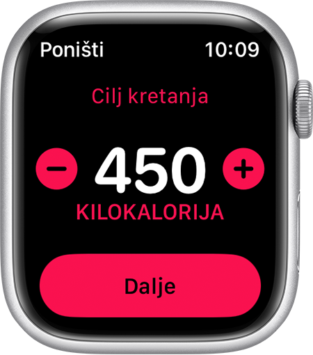 Postavljanje cilja kretanja od 450 kalorija na Apple Watch uređaju.