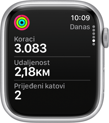 Trenutni koraci, daljina i penjanje u aplikaciji Aktivnost na Apple Watch uređaju.