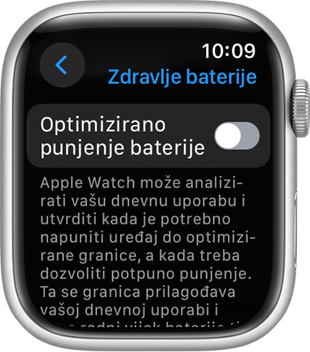 Optimizirano punjenje baterije u aplikaciji postavke na Apple Watch uređaju.