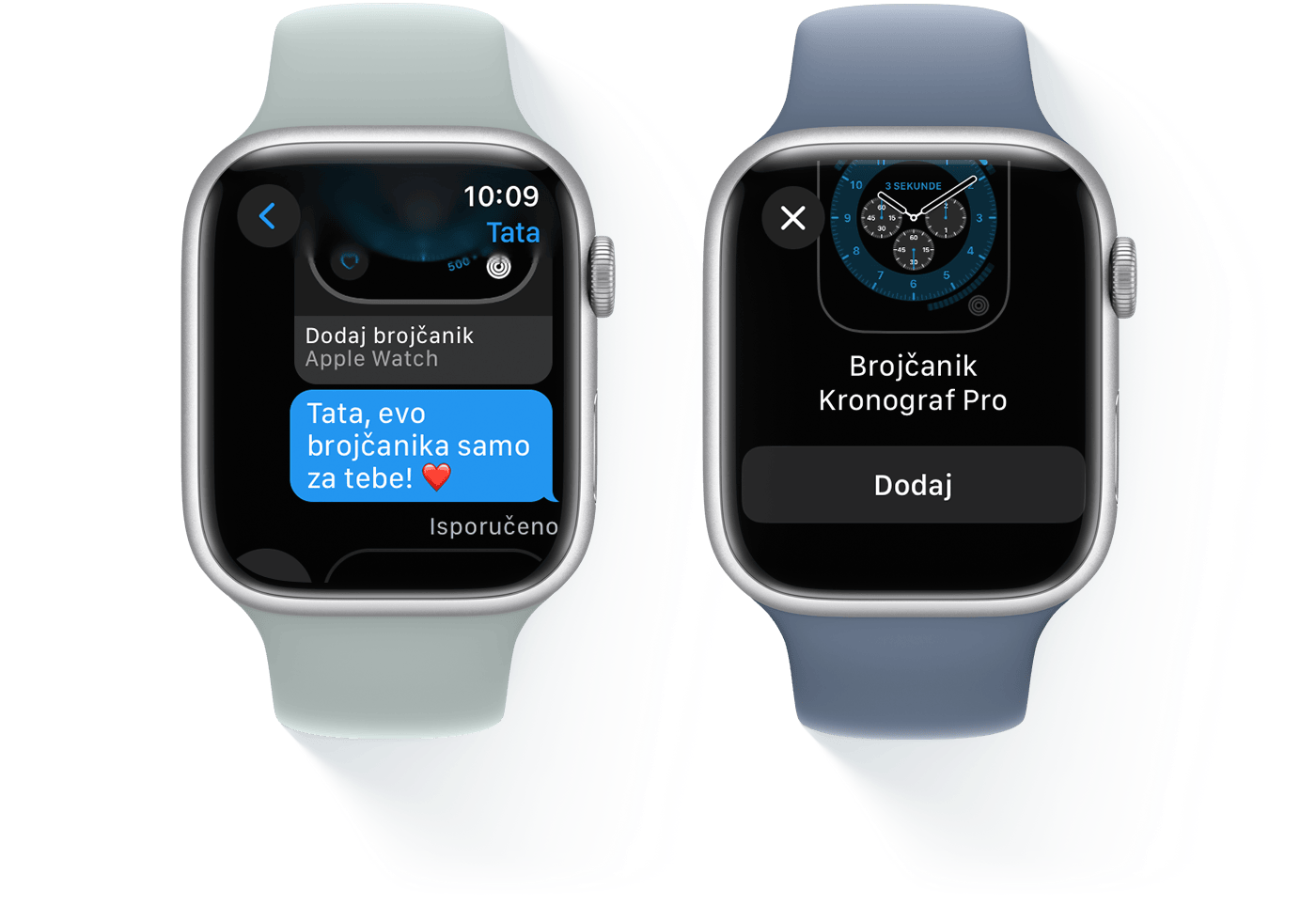 Dva Apple Watch uređaja, jedan koji prikazuje razgovor tekstualnim porukama i drugi koji prikazuje brojčanik Chronograph Pro