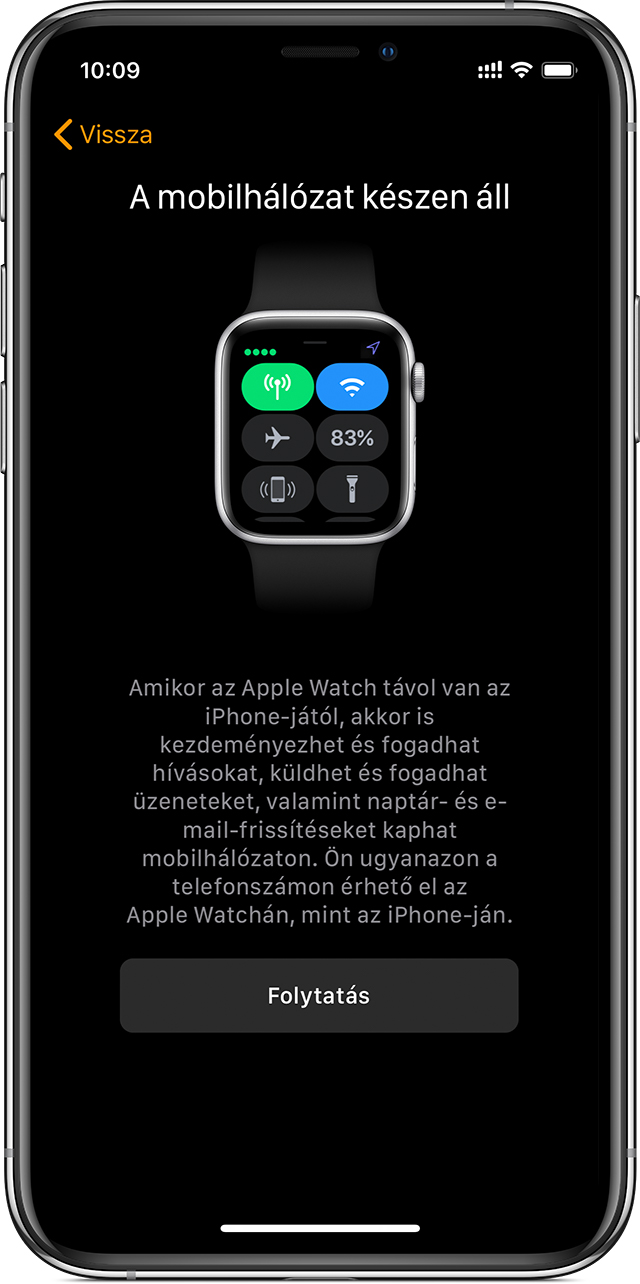Mobilhálózati beállítási képernyő az iPhone-on, amely szerint a mobilhálózat használatra kész az Apple Watchon.