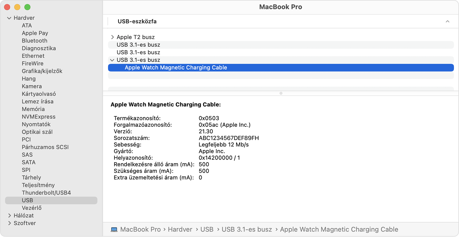 A Rendszerjelentés menü a MacBook Prón, ahol láthatók az Apple Watch mágneses töltőkábele gyártójának adatait