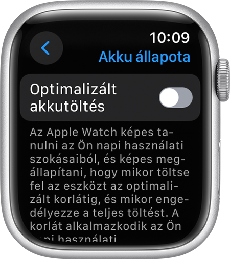 Az Optimalizált akkutöltés funkció az Apple Watch Beállítások alkalmazásában.