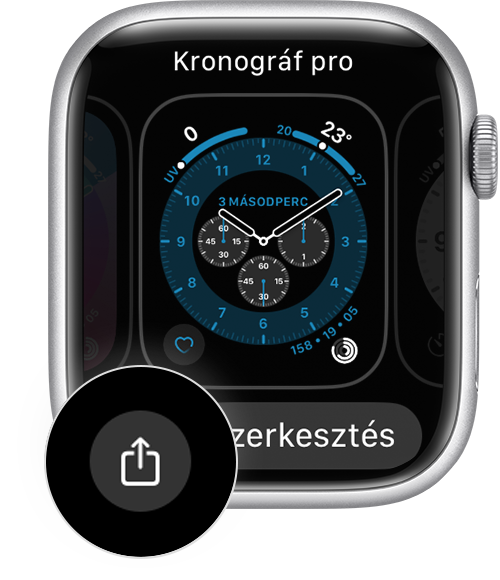 Egy Apple Watch számlapján a Megosztás gomb látható