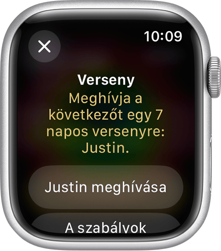 Az Apple Watch képernyője, amelyen az látszik, hogyan küldhet meghívót egy baráti versenyre