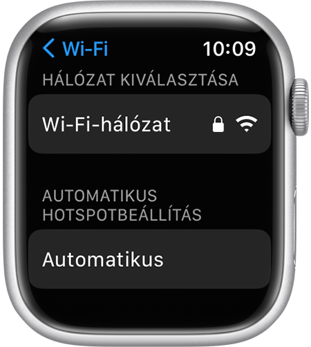 Az Apple Watch Wi-Fi-beállításainak képernyője, amelyen az Automatikus hotspot-beállítások láthatók