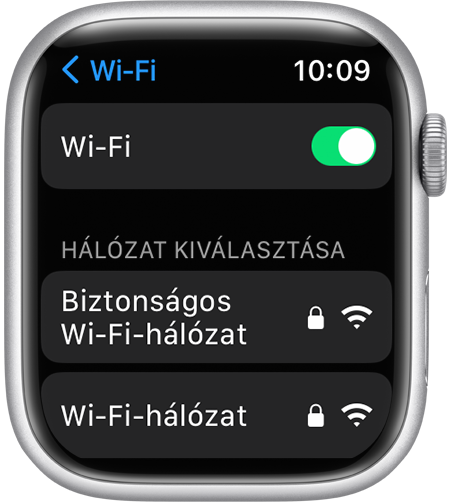 Az Apple Watch Wi-Fi-beállítások képernyője