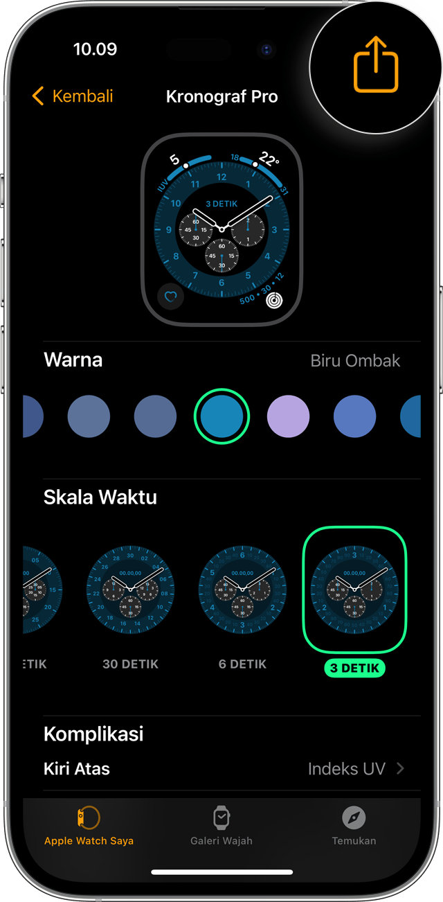 App Apple Watch di iPhone menampilkan tombol Bagikan pada pilihan wajah jam