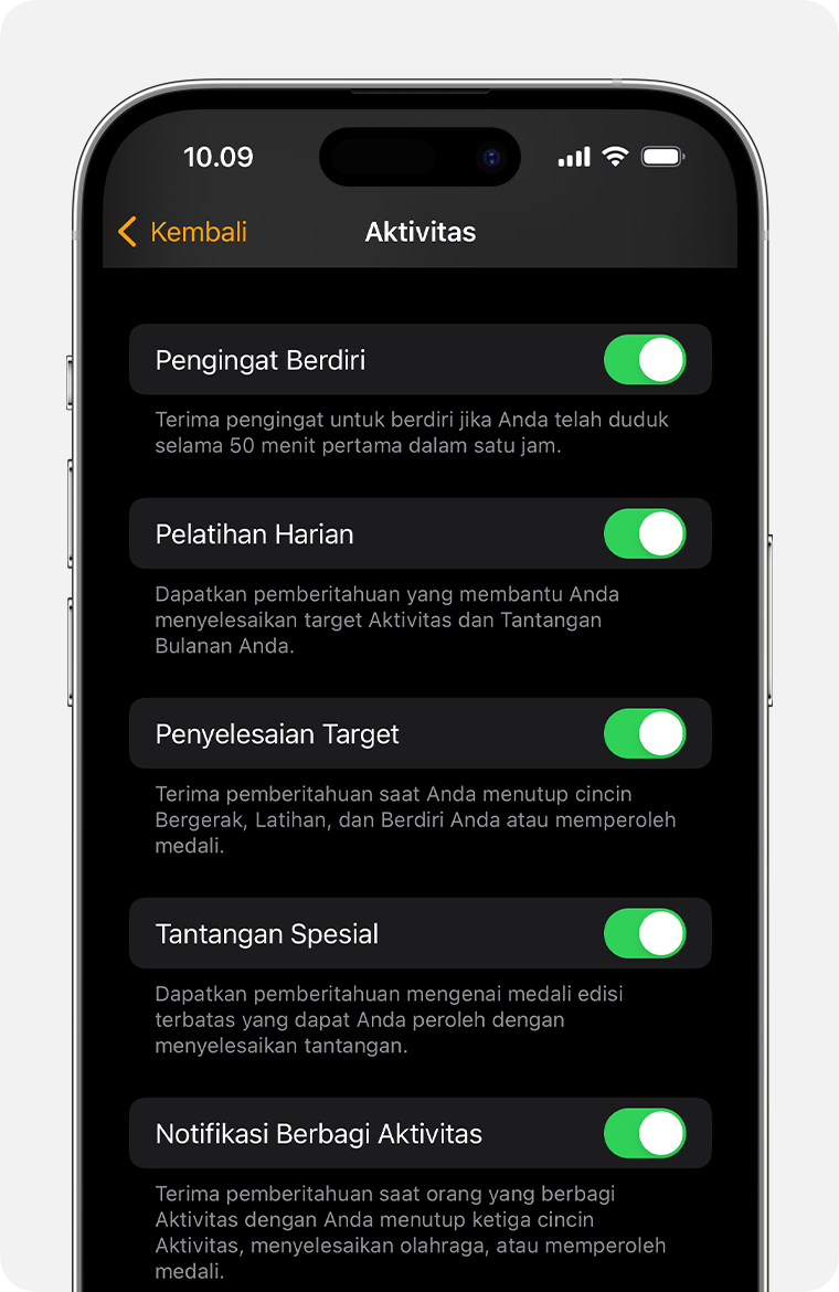 Layar iPhone menampilkan pilihan untuk pemberitahuan dan pengingat Aktivitas