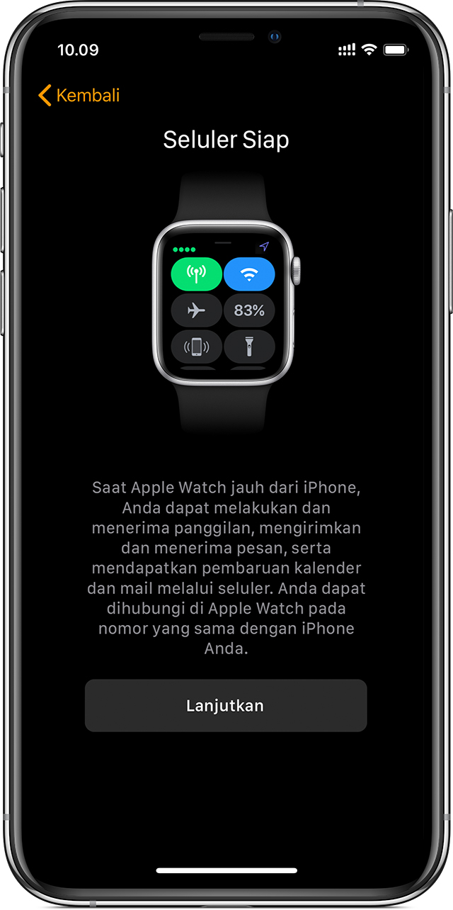 Layar konfigurasi seluler di iPhone menampilkan seluler siap digunakan di Apple Watch.