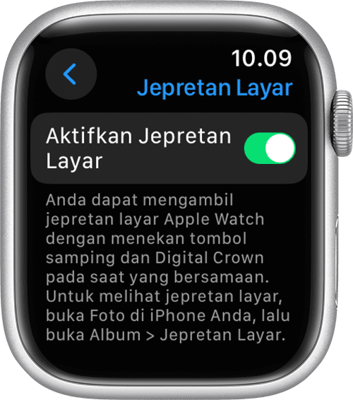 Aktifkan pengaturan Jepretan Layar di app Pengaturan Apple Watch