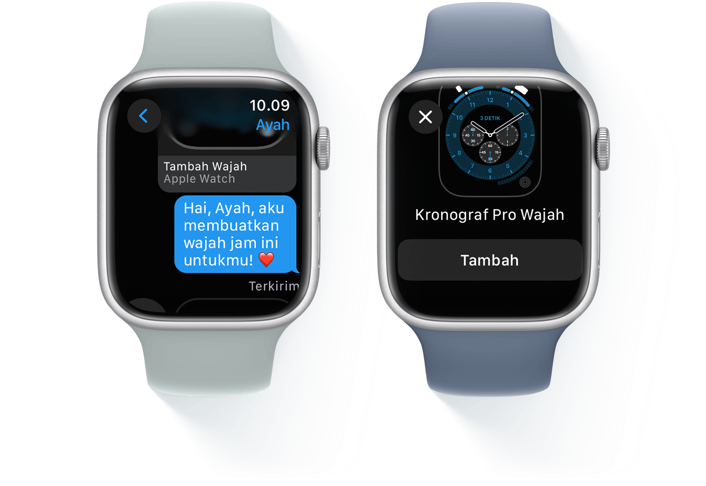 Dua Apple Watch, satu menampilkan percakapan pesan teks dan yang lainnya menampilkan Wajah Kronograf Pro