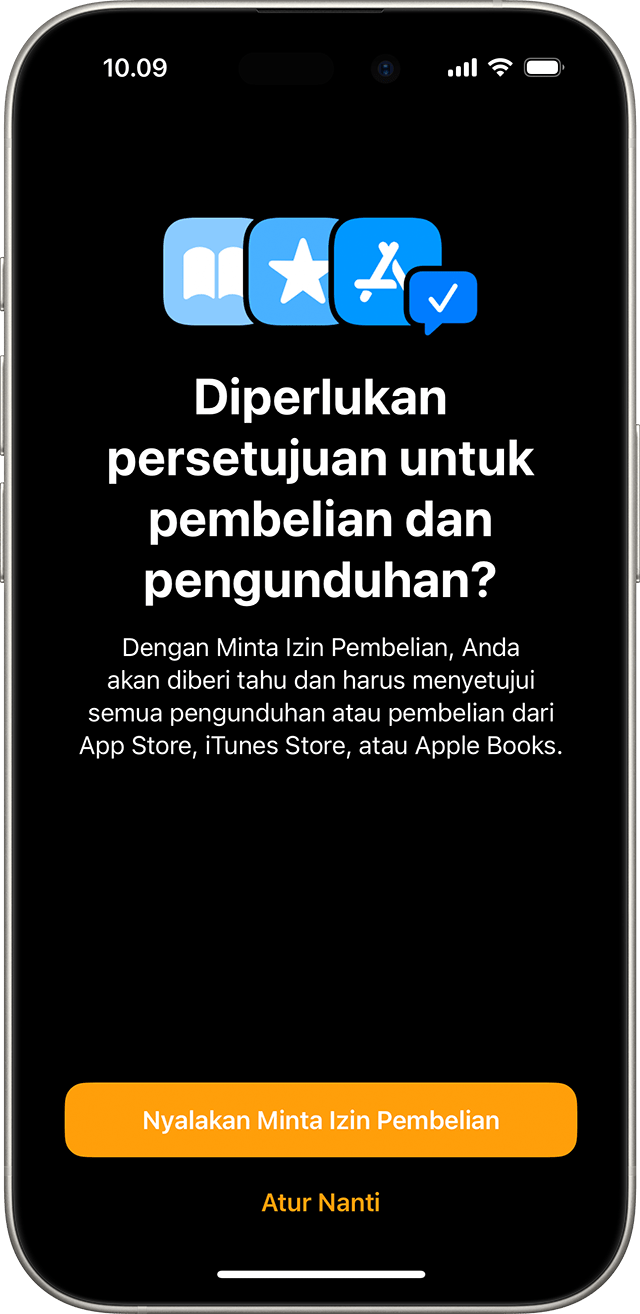 iPhone menampilkan layar untuk menyalakan fitur Minta Izin Pembelian