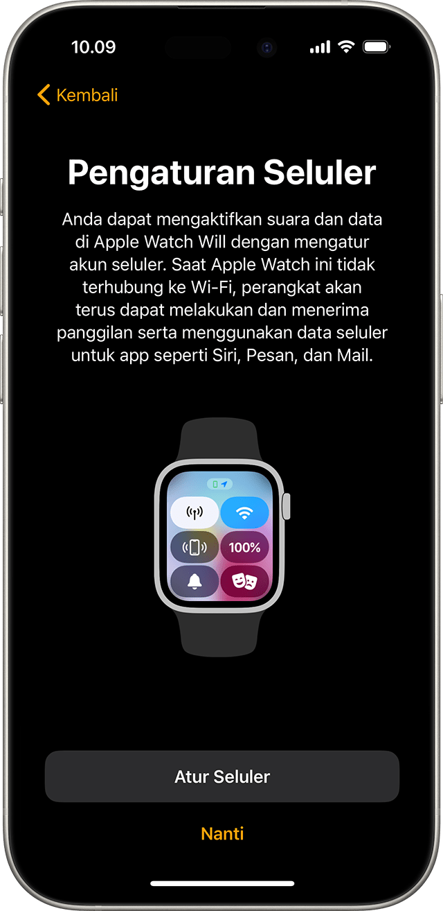 iPhone menampilkan layar pengaturan seluler Apple Watch