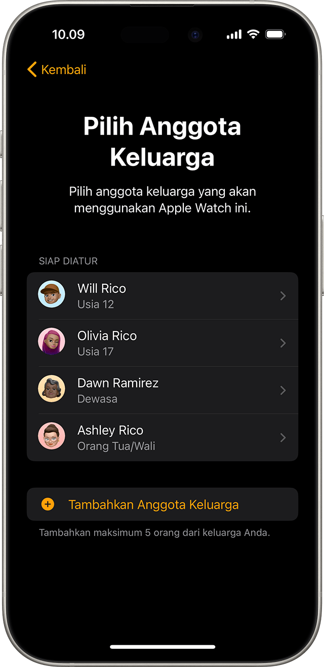 iPhone menampilkan layar untuk memilih anggota keluarga yang akan menggunakan Apple Watch
