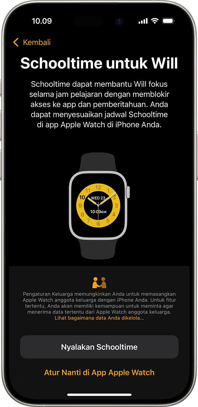 iPhone menampilkan layar pengaturan Schooltime di Apple Watch