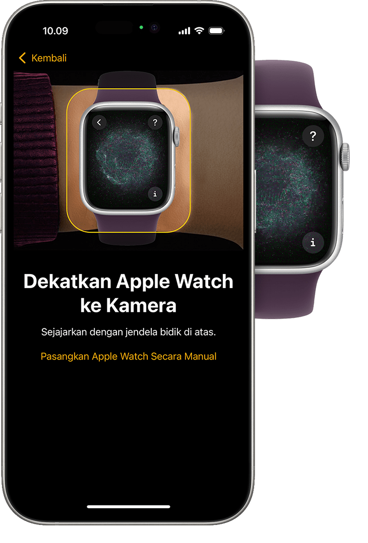 Apple Watch dan iPhone menampilkan animasi pemasangan di setiap perangkat