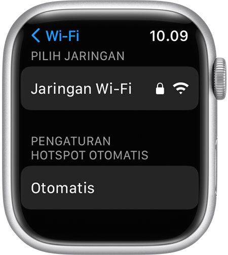 Layar pengaturan Wi-Fi Apple Watch yang menampilkan pilihan Pengaturan Hotspot Otomatis