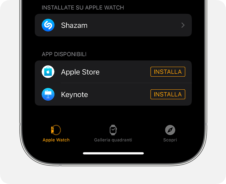 Schermata dell'iPhone che mostra l'app Watch 