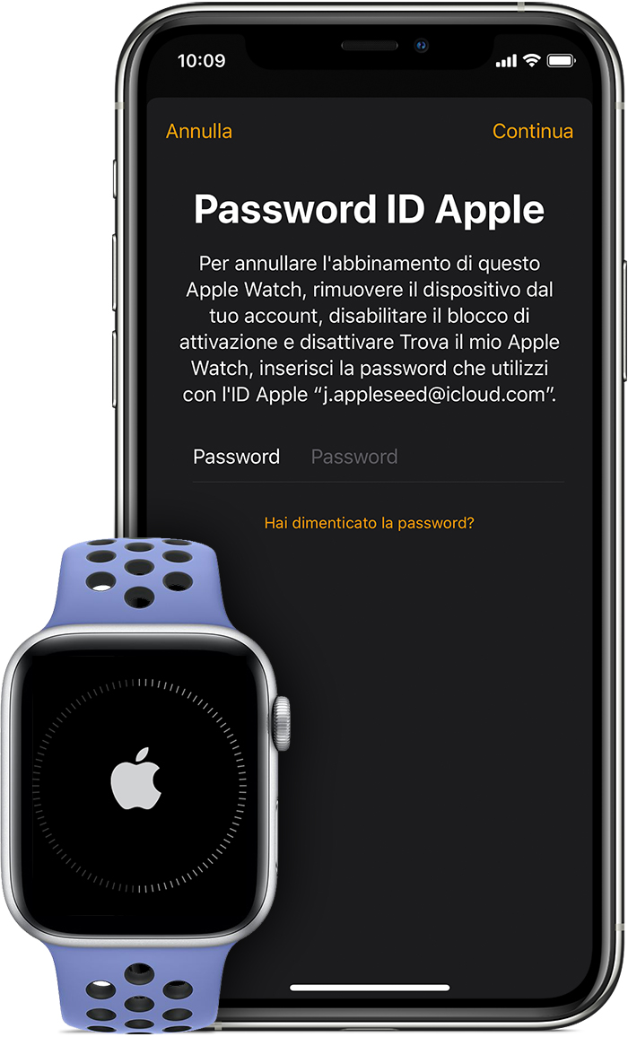 Richiesta di inserire la password dell'ID Apple per disabilitare il blocco di attivazione.