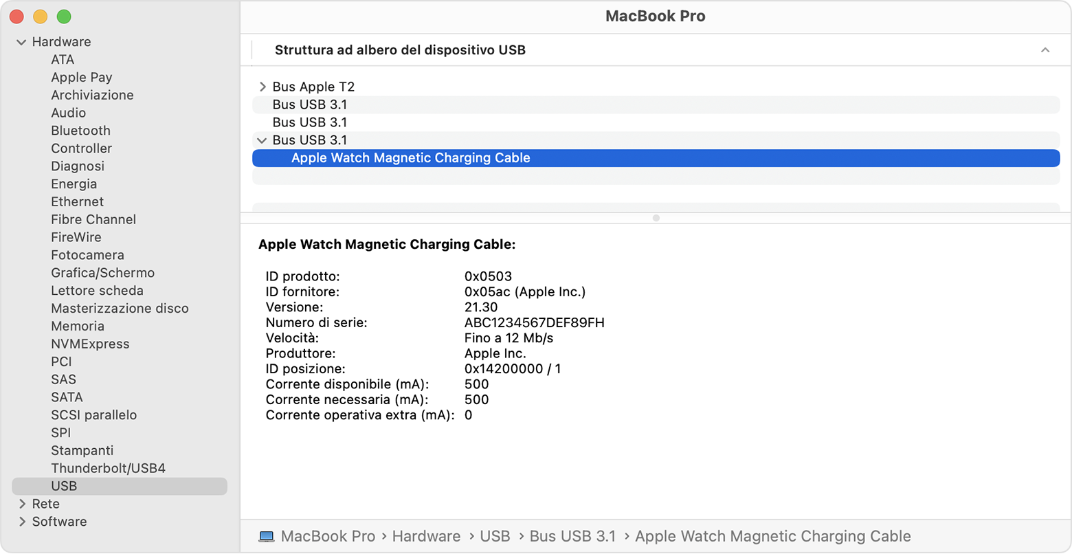 Resoconto di sistema di MacBook Pro che mostra i dettagli relativi al produttore del cavo magnetico per la ricarica di Apple Watch