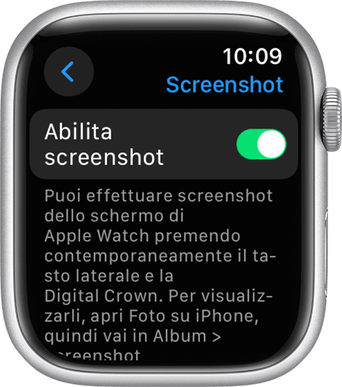 Abilita l'impostazione Screenshot nell'app Impostazioni sull'Apple Watch