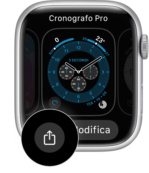 Quadrante di Apple Watch che mostra il pulsante Condividi