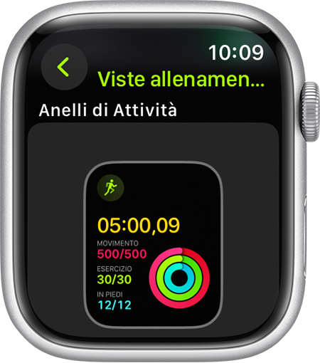 Un Apple Watch che mostra l'avanzamento degli anelli Attività durante una corsa.