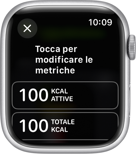 Le metriche disponibili da modificare per una Vista allenamento su Apple Watch.