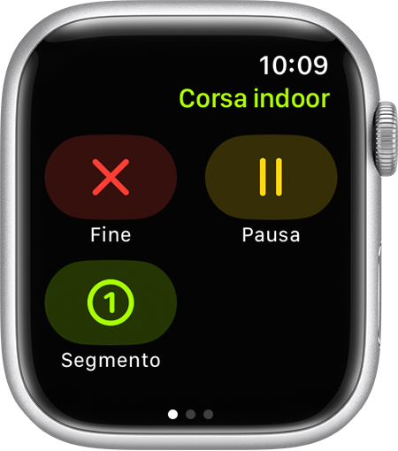 Le opzioni per terminare, mettere in pausa e segmento durante un allenamento Corsa indoor su Apple Watch.