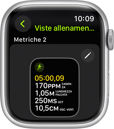 Un Apple Watch che mostra le metriche relative a una corsa.