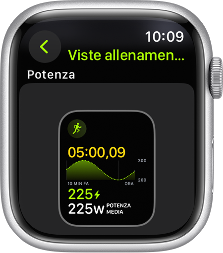 Un Apple Watch che mostra la metrica di allenamento Potenza nella corsa durante una corsa.