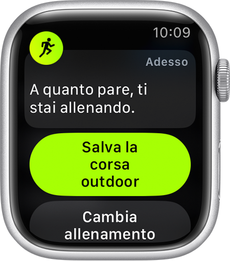 Un promemoria per iniziare a registrare un allenamento Corsa outdoor su Apple Watch.