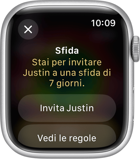 Schermata di Apple Watch che mostra come inviare un invito per iniziare un concorso