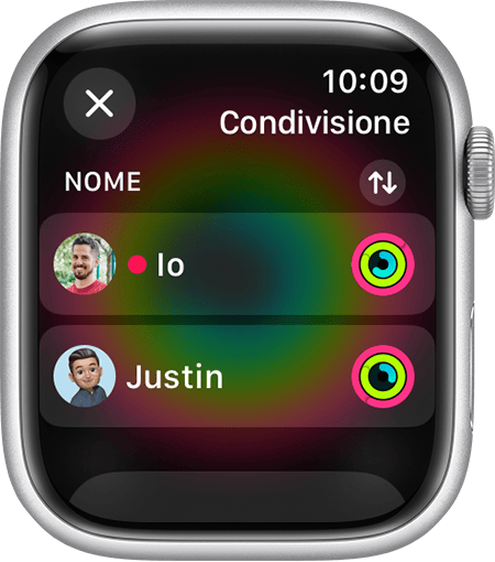 Schermata di Apple Watch che mostra gli amici che condividono la loro attività